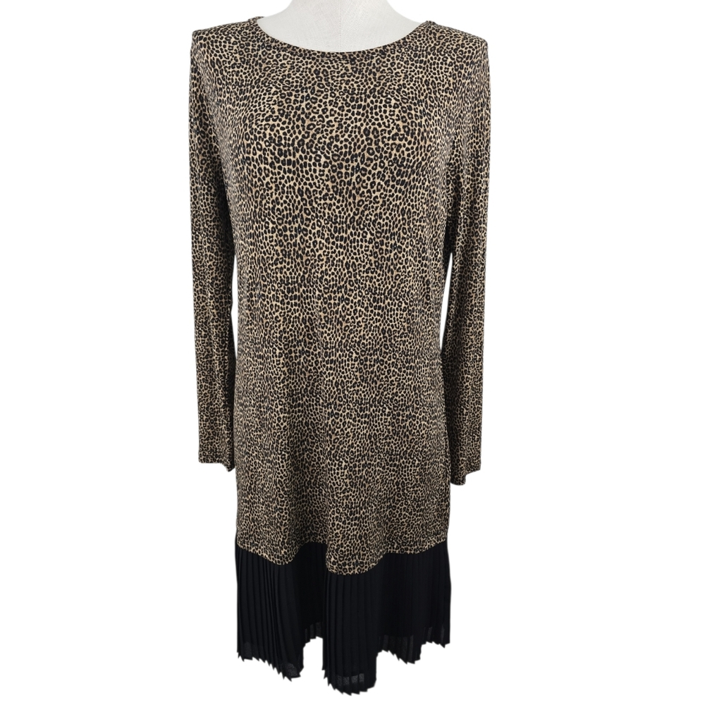 MICHAEL Michael Kors Officecore Leopard Pleated Dress Long Sleeve Black M
